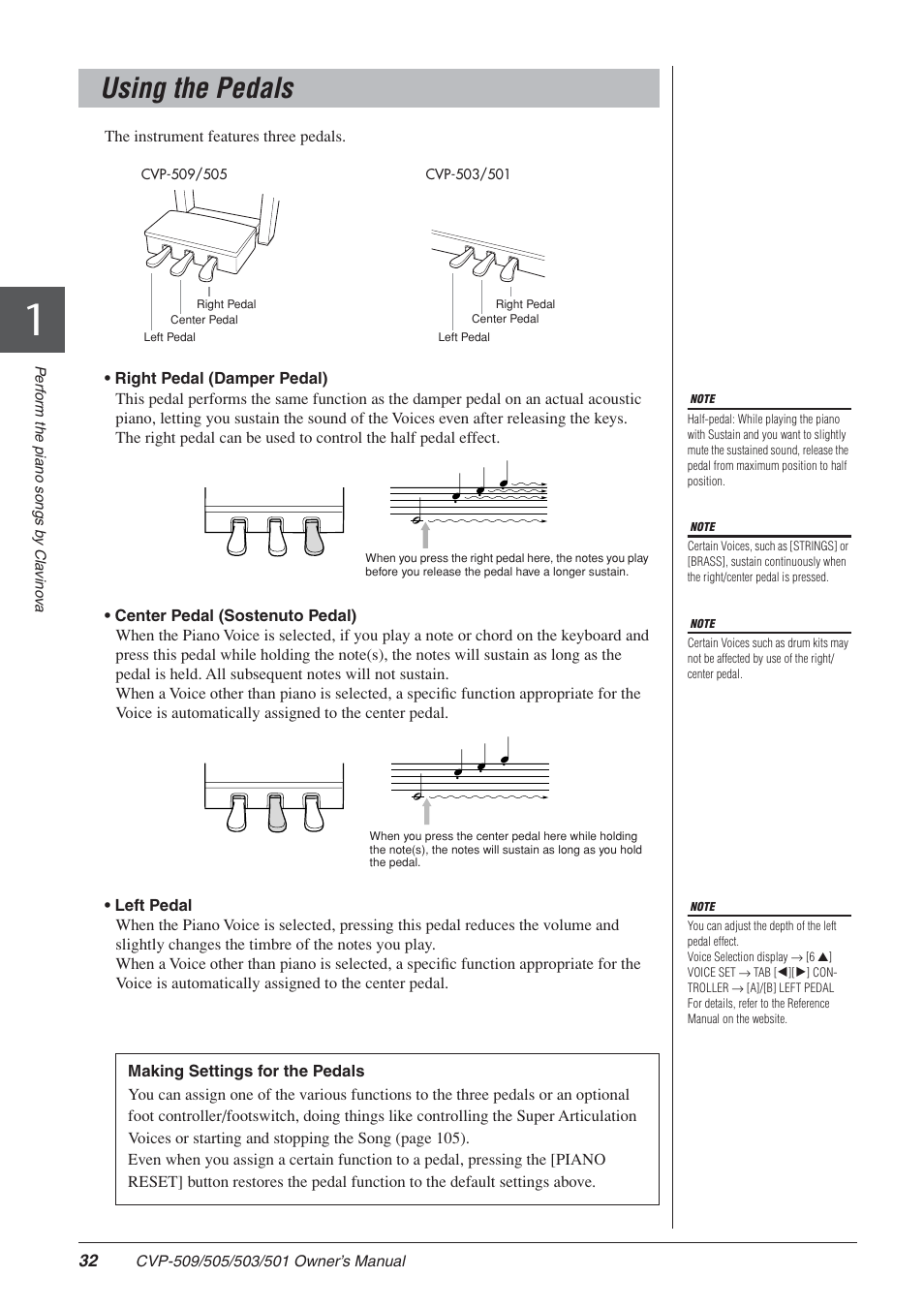 Using the pedals | Yamaha CLAVINOVA CVP-505 User Manual | Page 32 / 138