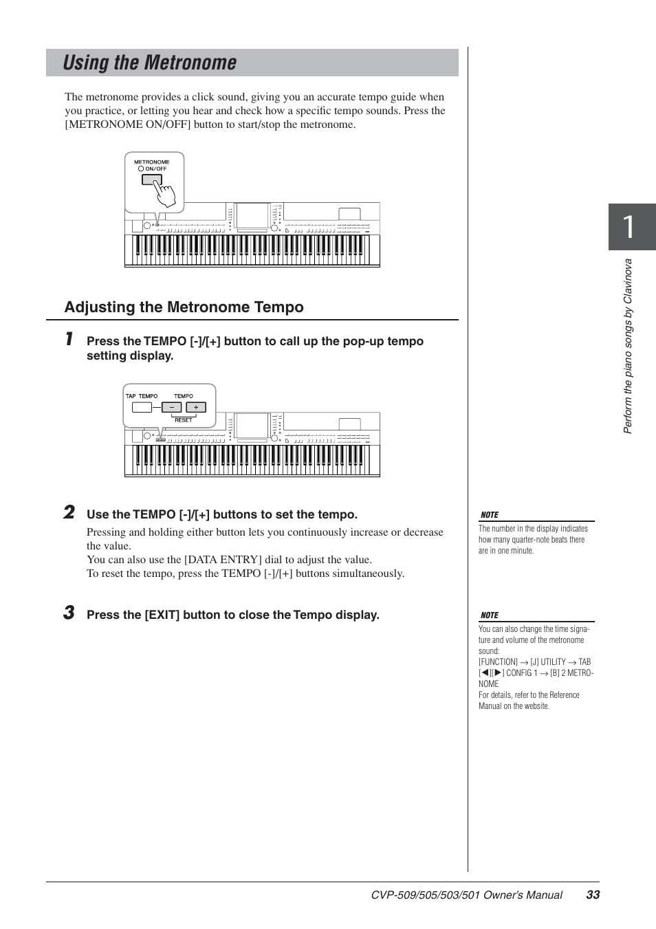 Using the metronome, Adjusting the metronome tempo | Yamaha CLAVINOVA CVP-505 User Manual | Page 33 / 138