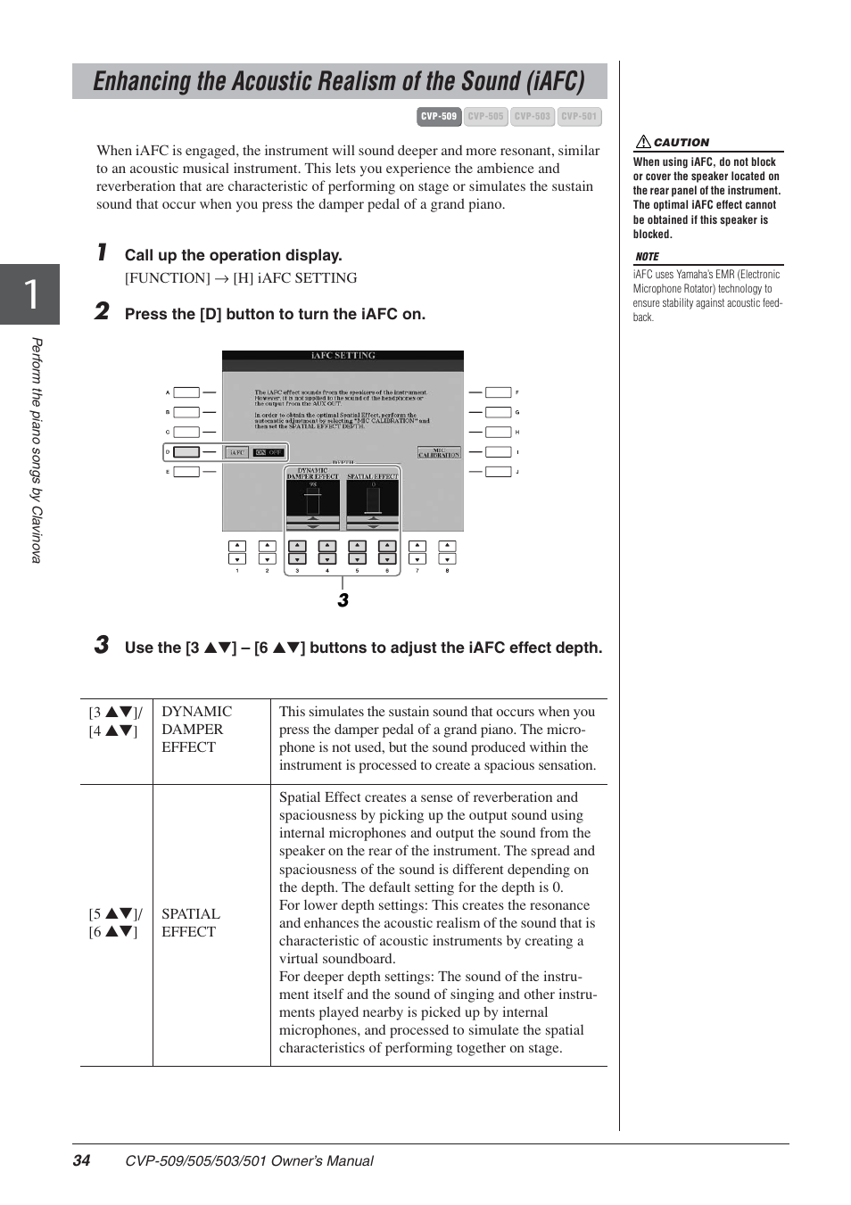 Enhancing the acoustic realism of the sound (iafc) | Yamaha CLAVINOVA CVP-505 User Manual | Page 34 / 138