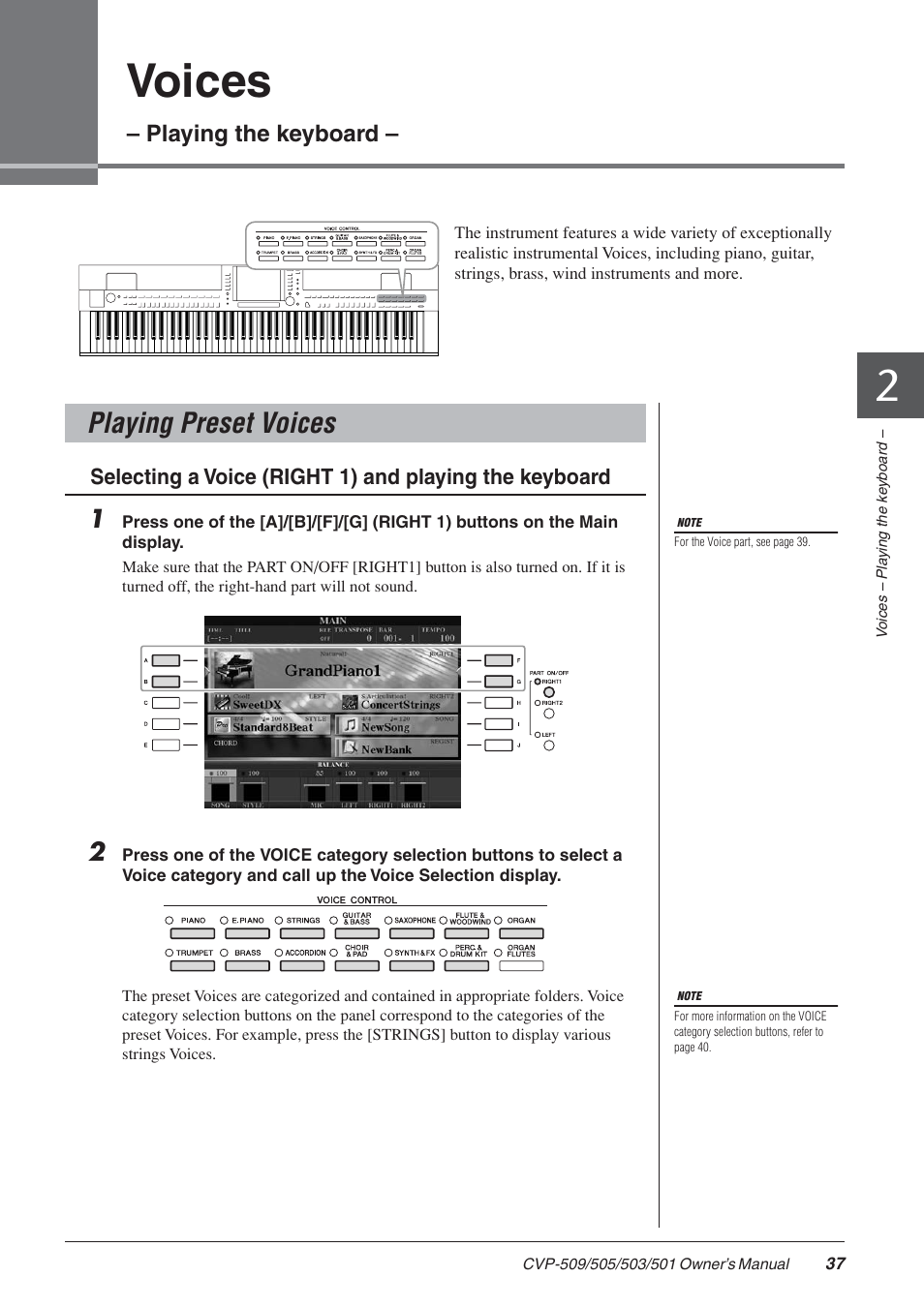 Voices - playing the keyboard, Playing preset voices, 2 voices – playing the keyboard | Voices, Playing the keyboard | Yamaha CLAVINOVA CVP-505 User Manual | Page 37 / 138