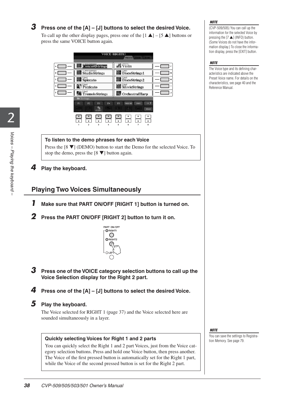 Playing two voices simultaneously | Yamaha CLAVINOVA CVP-505 User Manual | Page 38 / 138