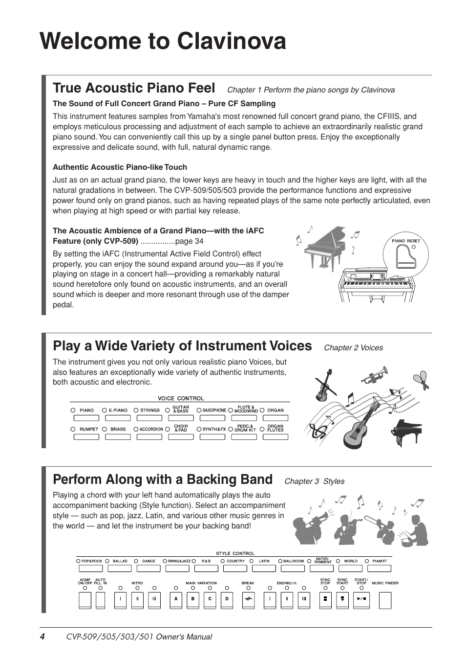 Welcome to clavinova, True acoustic piano feel, Play a wide variety of instrument voices | Perform along with a backing band | Yamaha CLAVINOVA CVP-505 User Manual | Page 4 / 138