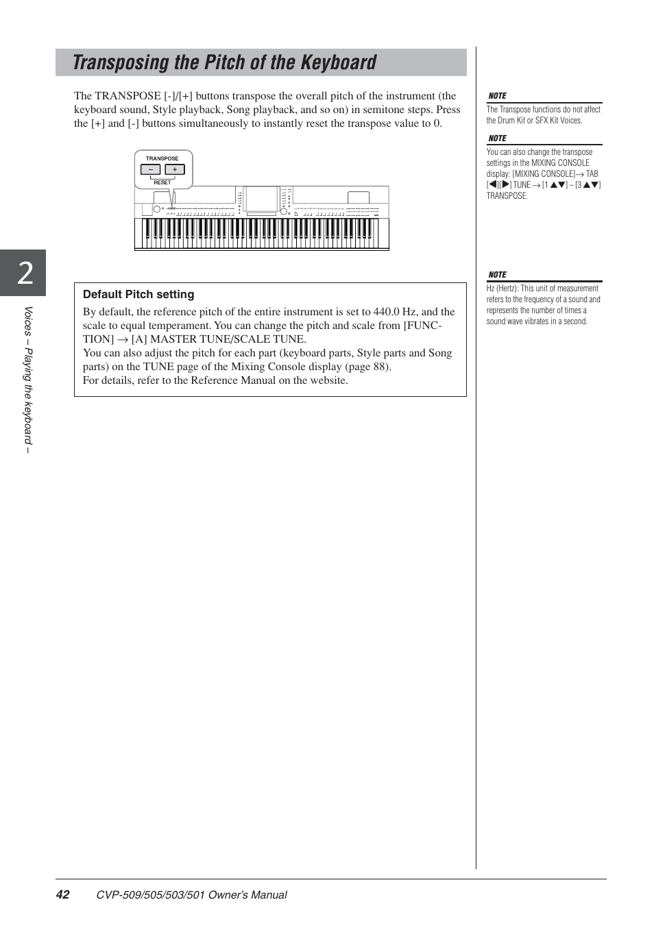 Transposing the pitch of the keyboard | Yamaha CLAVINOVA CVP-505 User Manual | Page 42 / 138