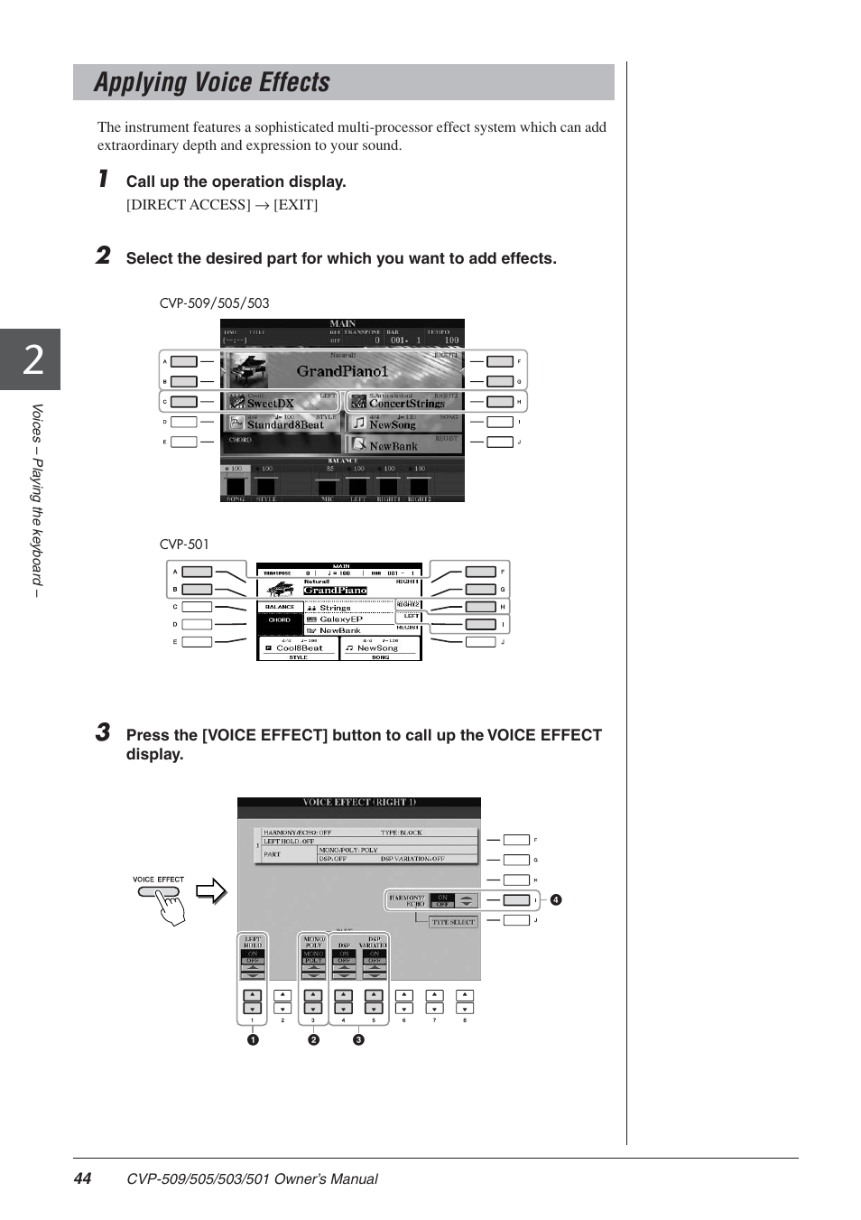 Applying voice effects | Yamaha CLAVINOVA CVP-505 User Manual | Page 44 / 138