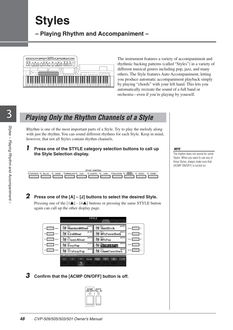 Styles - playing rhythm and accompaniment, Playing only the rhythm channels of a style, 3 styles – playing rhythm and accompaniment | Styles, Playing rhythm and accompaniment | Yamaha CLAVINOVA CVP-505 User Manual | Page 48 / 138