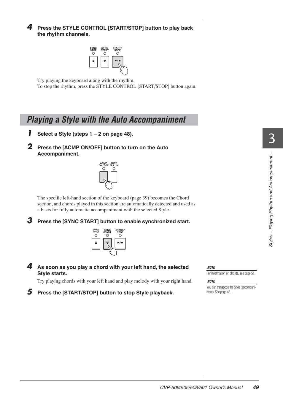 Playing a style with the auto accompaniment | Yamaha CLAVINOVA CVP-505 User Manual | Page 49 / 138