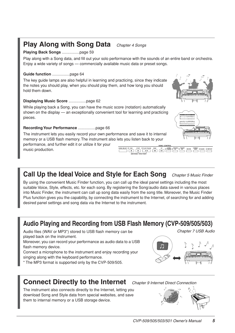 Call up the ideal voice and style for each song, Connect directly to the internet, Play along with song data | Yamaha CLAVINOVA CVP-505 User Manual | Page 5 / 138