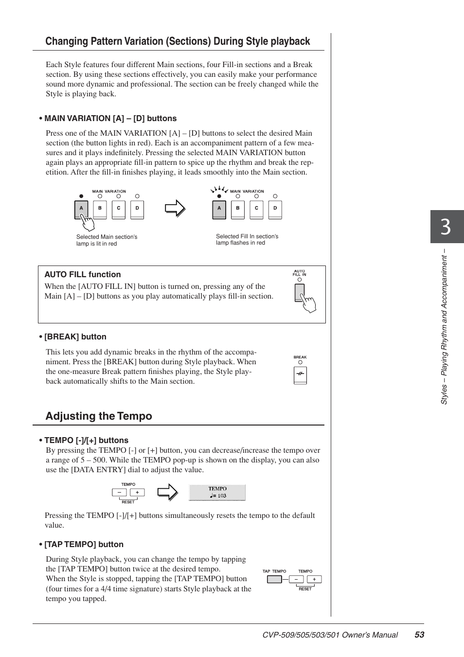 Adjusting the tempo | Yamaha CLAVINOVA CVP-505 User Manual | Page 53 / 138