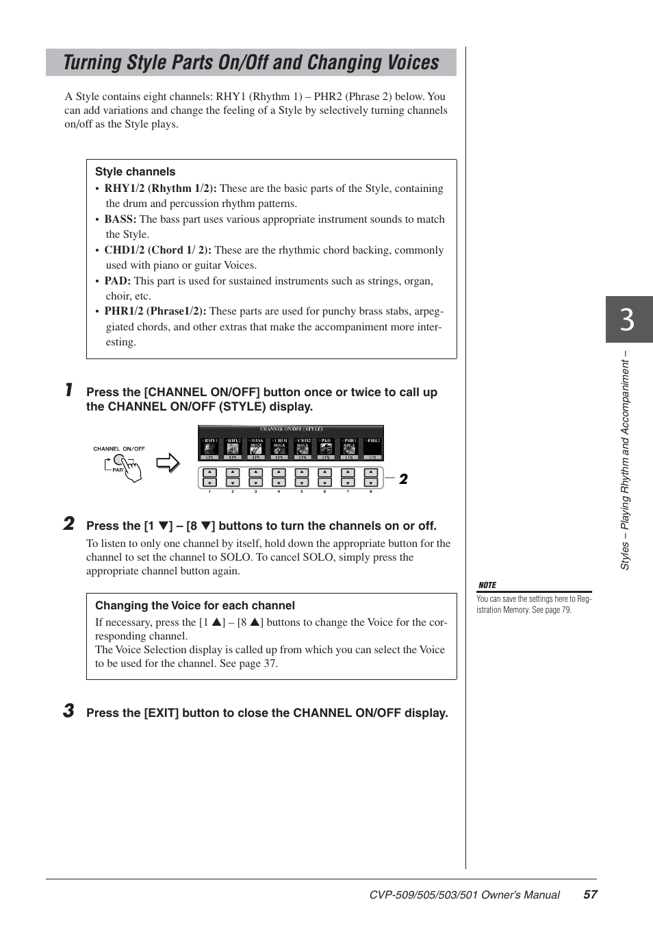 Turning style parts on/off and changing voices | Yamaha CLAVINOVA CVP-505 User Manual | Page 57 / 138