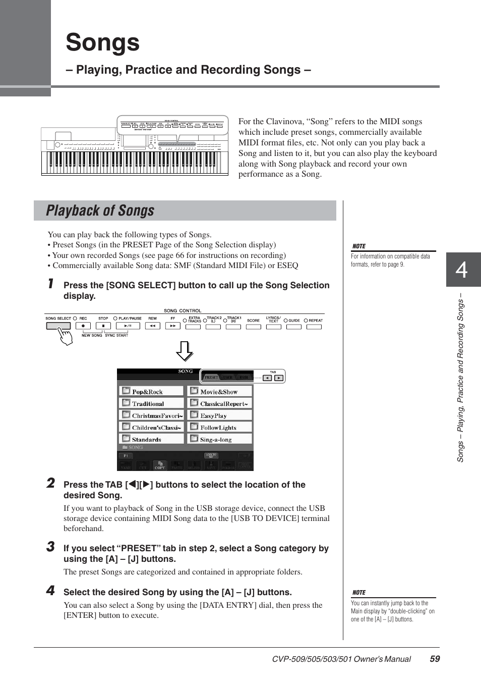 Songs - playing, practice and recording songs, Playback of songs, 4 songs – playing, practice and recording songs | Songs, Playing, practice and recording songs | Yamaha CLAVINOVA CVP-505 User Manual | Page 59 / 138