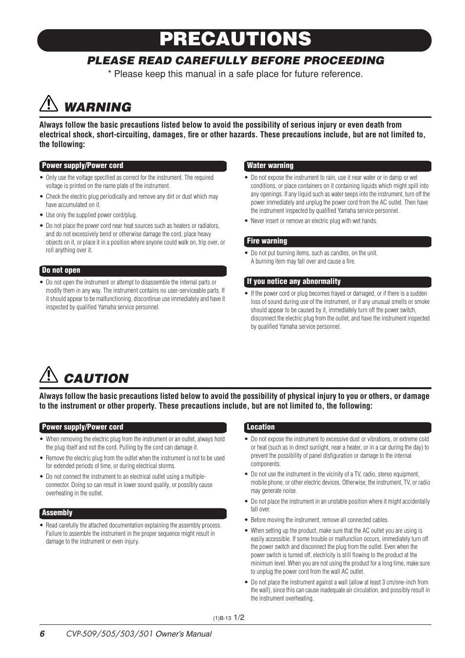 Precautions, Warning, Caution | Please read carefully before proceeding | Yamaha CLAVINOVA CVP-505 User Manual | Page 6 / 138