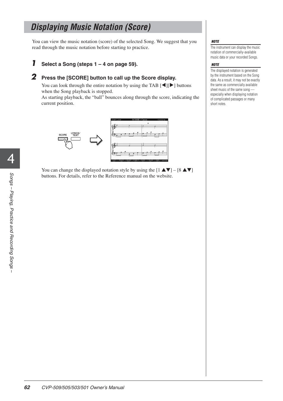 Displaying music notation (score) | Yamaha CLAVINOVA CVP-505 User Manual | Page 62 / 138