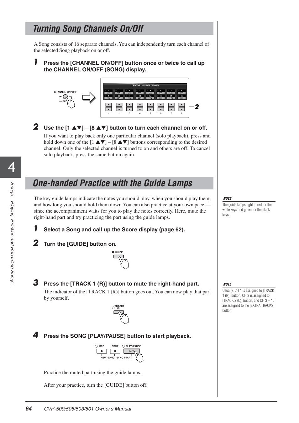 Turning song channels on/off, One-handed practice with the guide lamps | Yamaha CLAVINOVA CVP-505 User Manual | Page 64 / 138