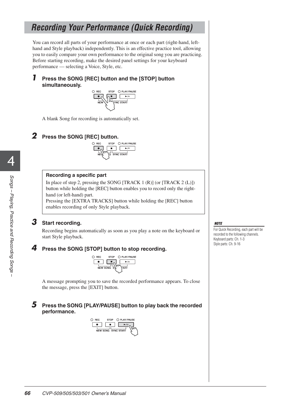 Recording your performance (quick recording) | Yamaha CLAVINOVA CVP-505 User Manual | Page 66 / 138