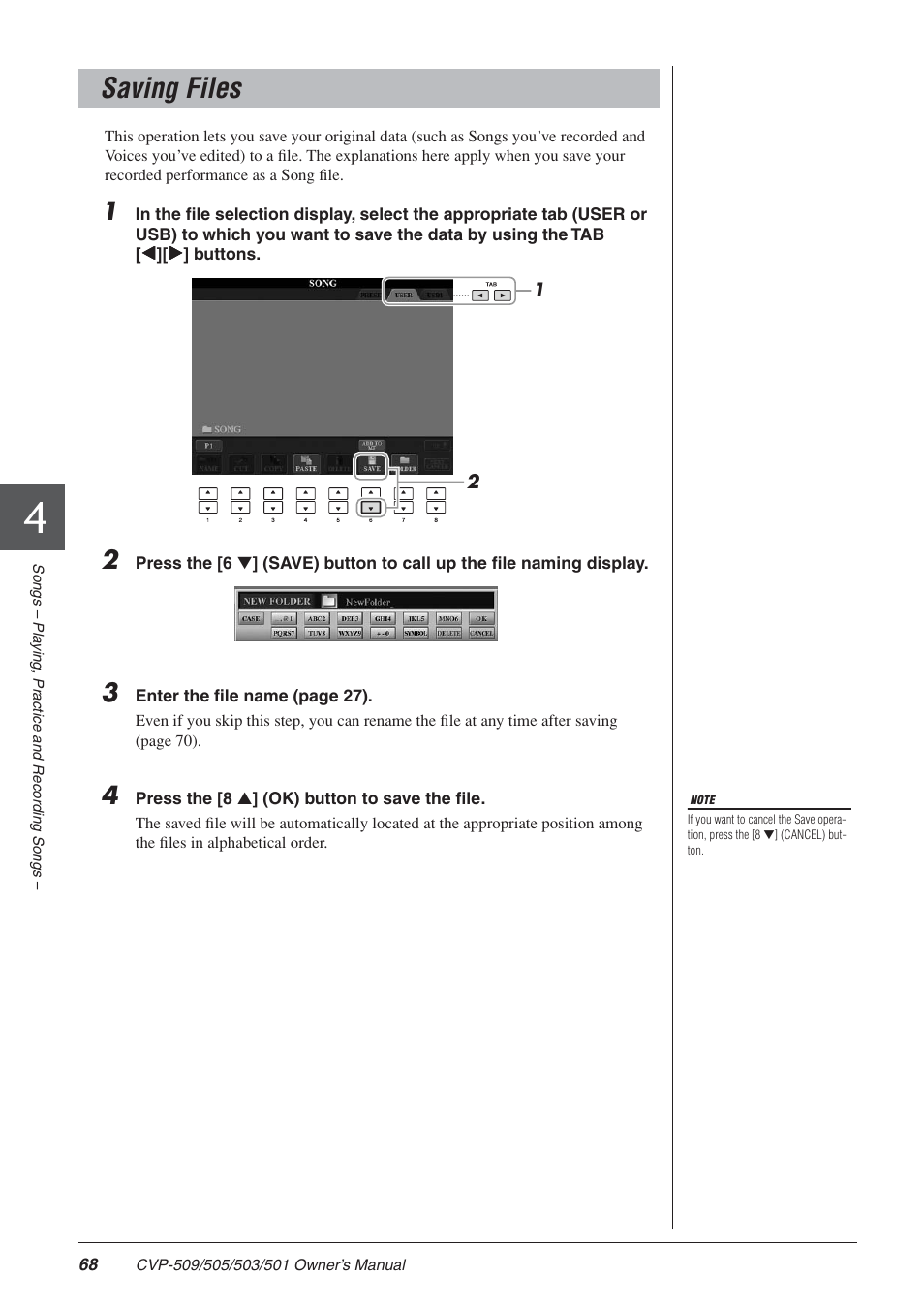 Saving files | Yamaha CLAVINOVA CVP-505 User Manual | Page 68 / 138