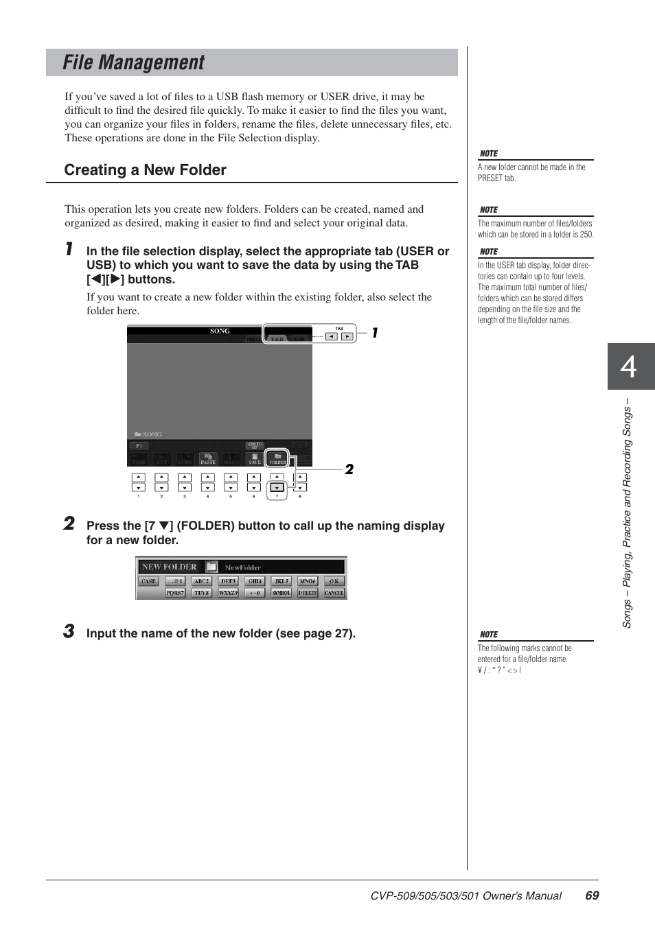 File management, Creating a new folder | Yamaha CLAVINOVA CVP-505 User Manual | Page 69 / 138