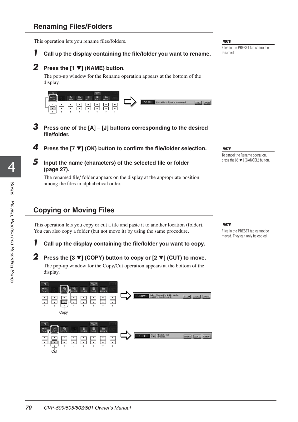 Renaming files/folders, Copying or moving files | Yamaha CLAVINOVA CVP-505 User Manual | Page 70 / 138