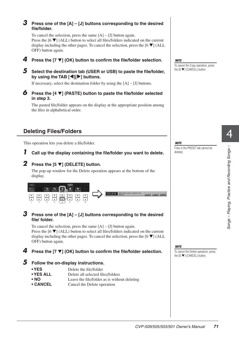 Deleting files/folders | Yamaha CLAVINOVA CVP-505 User Manual | Page 71 / 138