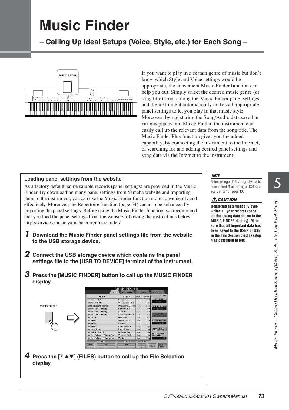 5 music finder, Music finder | Yamaha CLAVINOVA CVP-505 User Manual | Page 73 / 138