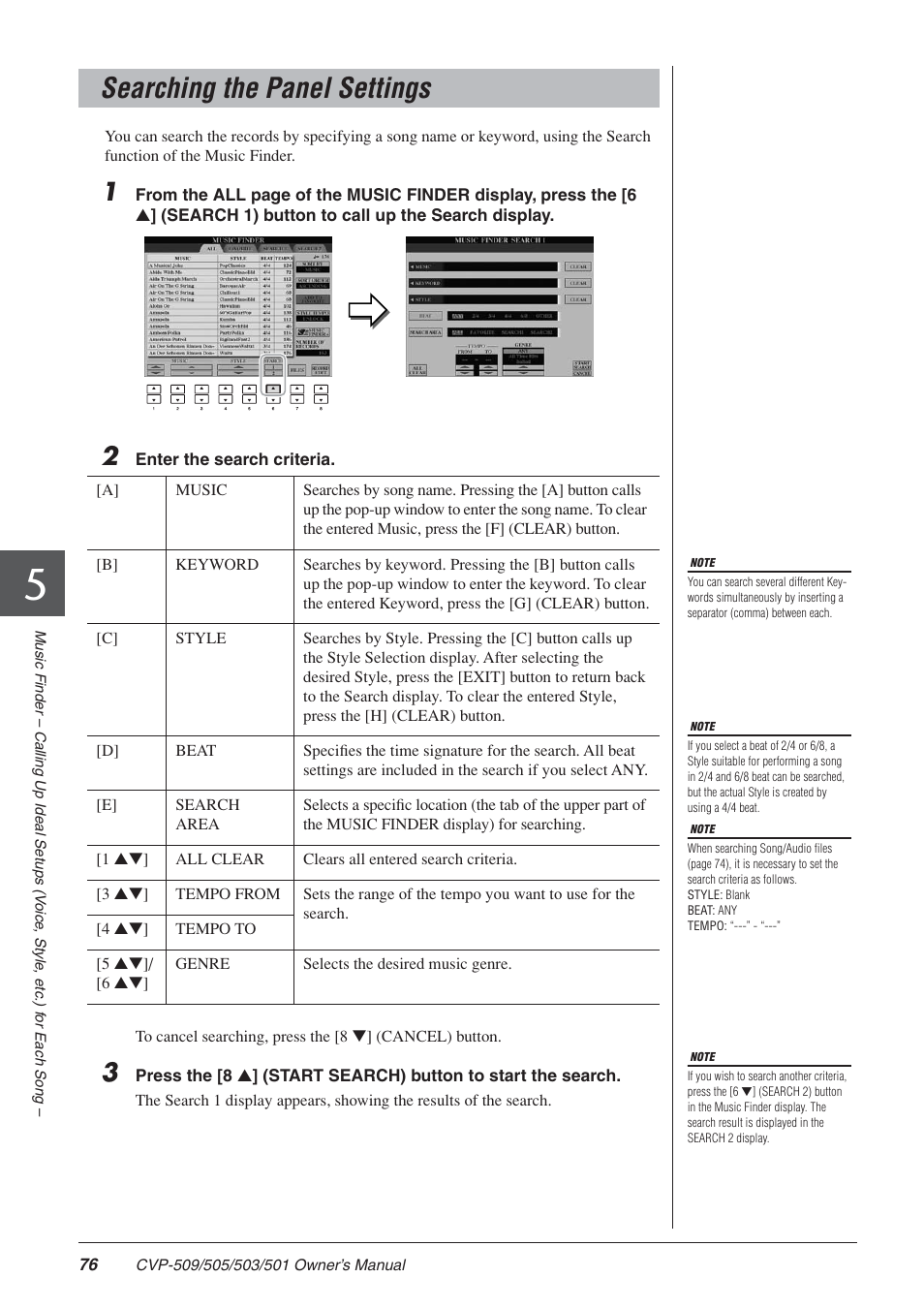 Searching the panel settings | Yamaha CLAVINOVA CVP-505 User Manual | Page 76 / 138