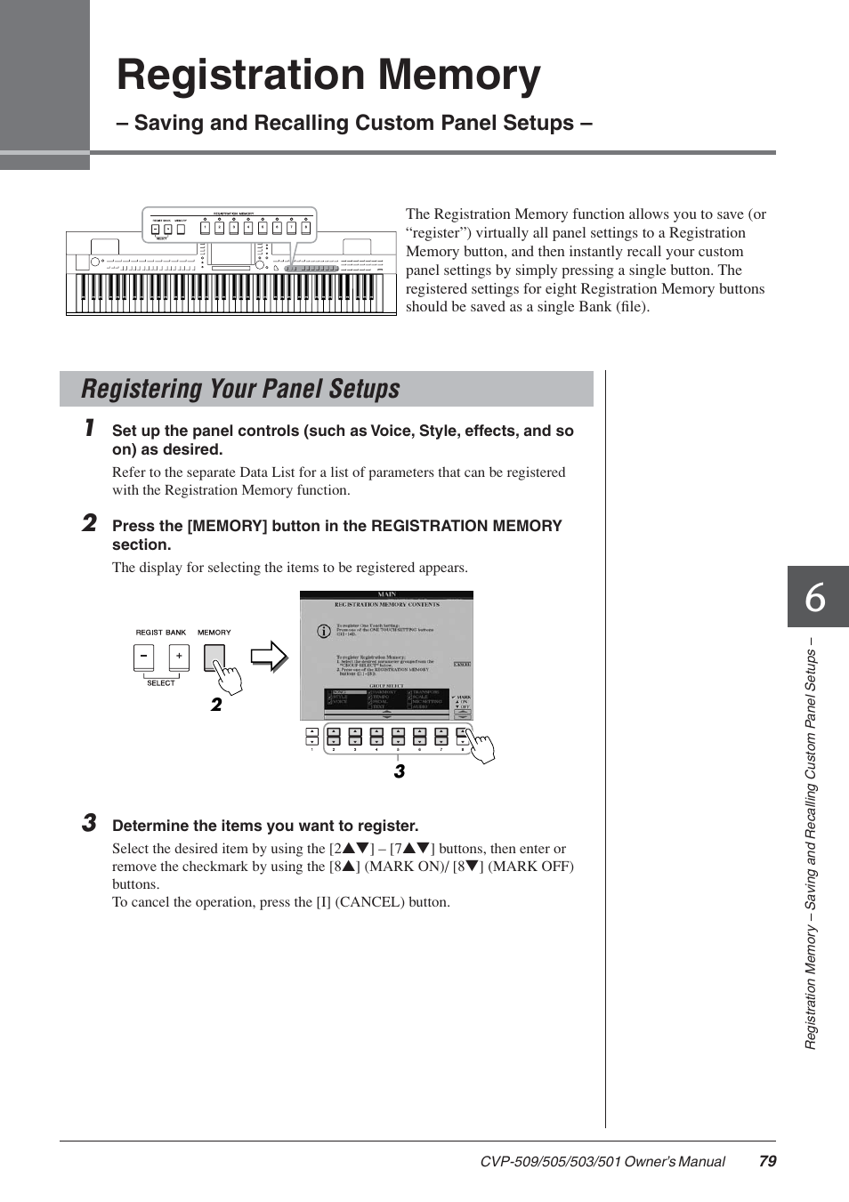 Registering your panel setups, Saving and recalling custom panel setups | Yamaha CLAVINOVA CVP-505 User Manual | Page 79 / 138