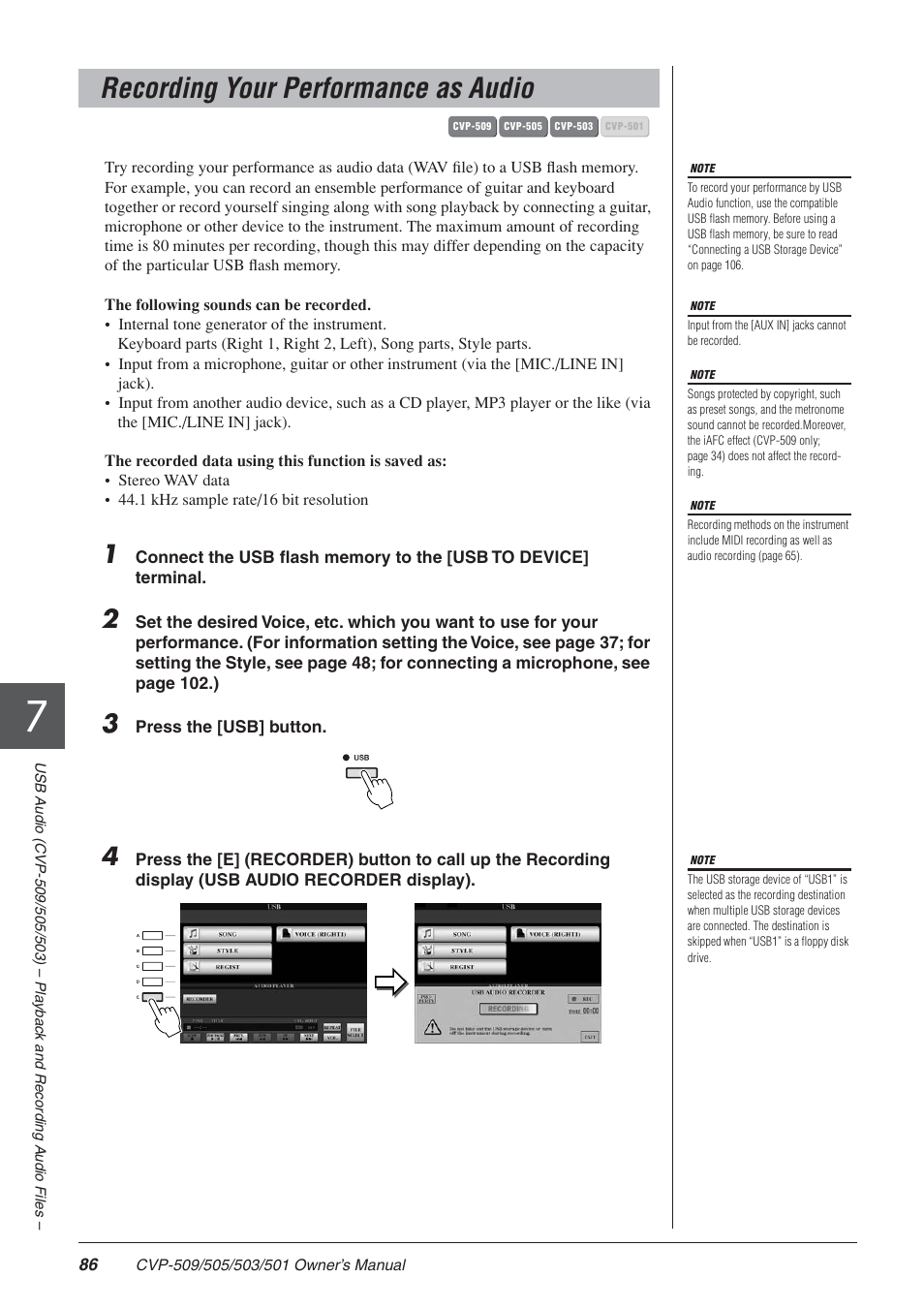Recording your performance as audio | Yamaha CLAVINOVA CVP-505 User Manual | Page 86 / 138