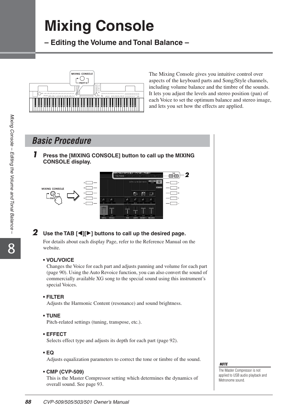 Basic procedure, 8 mixing console – editing the v, Mixing console | Editing the volume and tonal balance | Yamaha CLAVINOVA CVP-505 User Manual | Page 88 / 138