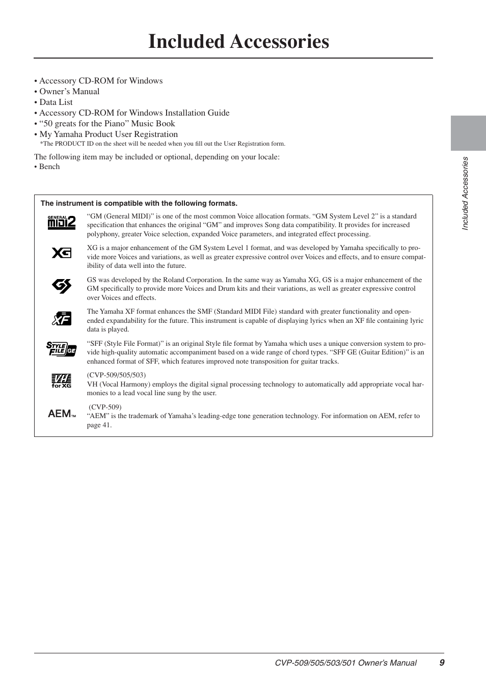 Included accessories | Yamaha CLAVINOVA CVP-505 User Manual | Page 9 / 138