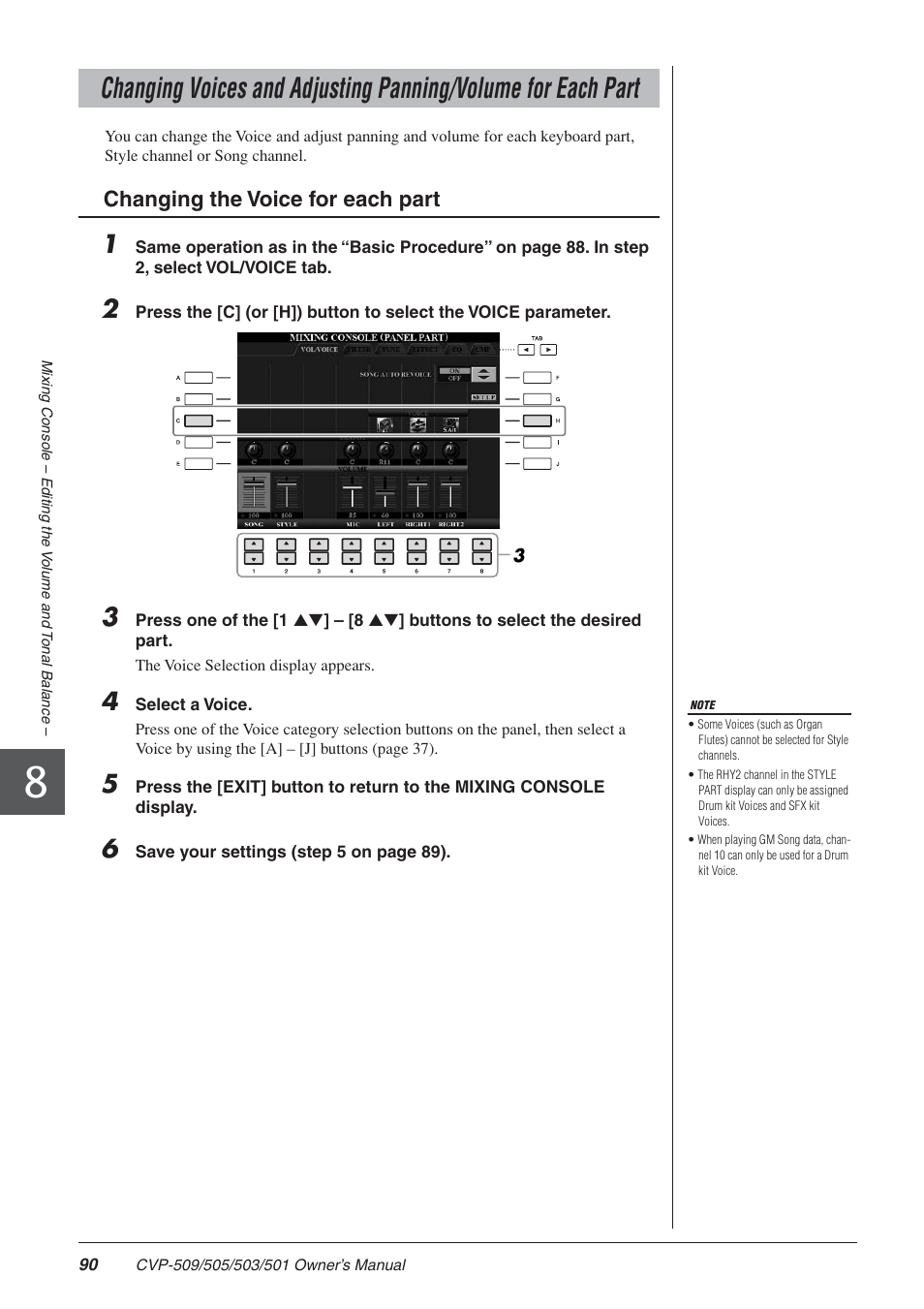 Changing the voice for each part | Yamaha CLAVINOVA CVP-505 User Manual | Page 90 / 138