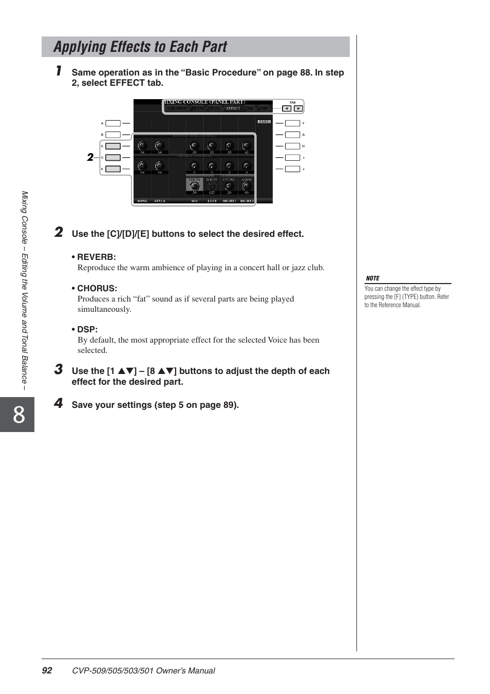 Applying effects to each part | Yamaha CLAVINOVA CVP-505 User Manual | Page 92 / 138