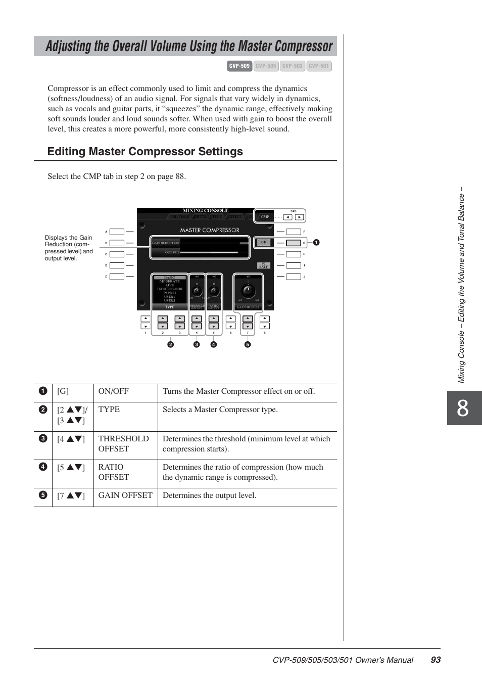 Editing master compressor settings | Yamaha CLAVINOVA CVP-505 User Manual | Page 93 / 138