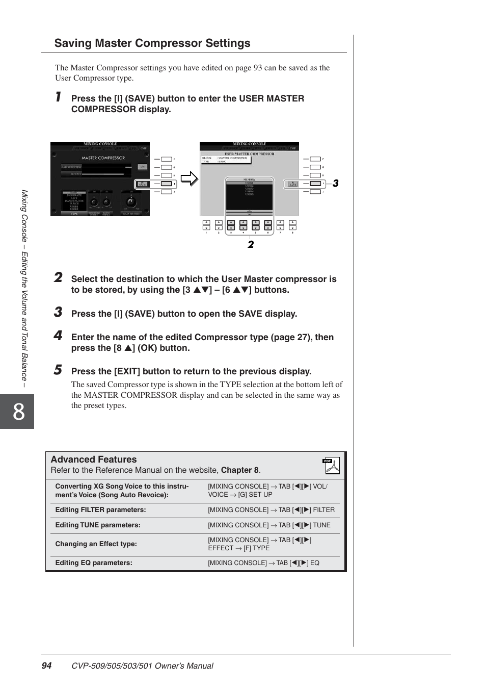 Saving master compressor settings | Yamaha CLAVINOVA CVP-505 User Manual | Page 94 / 138