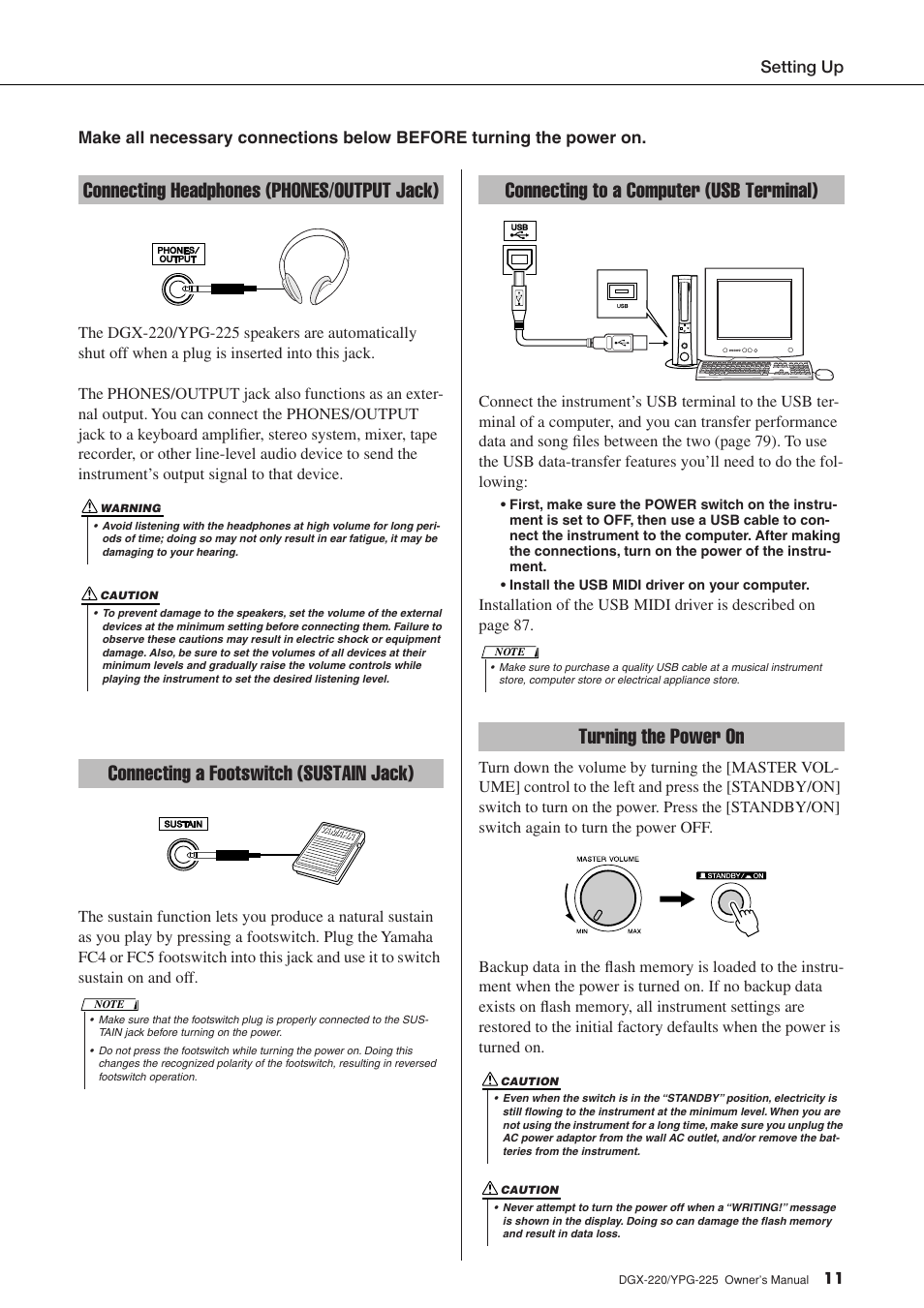 Connecting headphones (phones/output jack), Connecting a footswitch (sustain jack), Connecting to a computer (usb terminal) | Turning the power on | Yamaha YPG-225 User Manual | Page 11 / 118