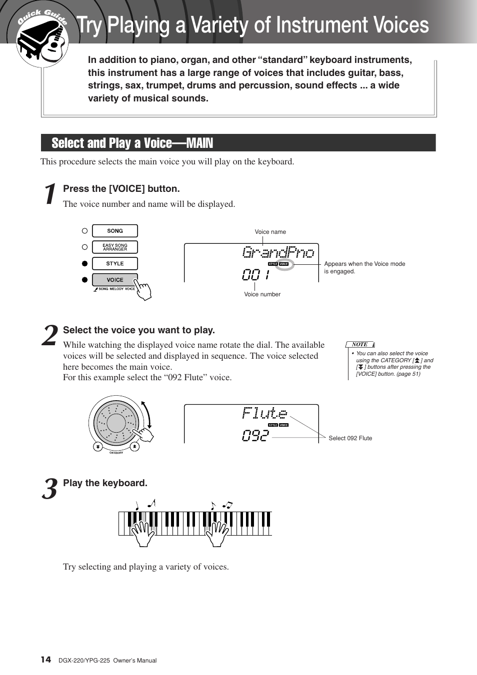 Quick guide, Try playing a variety of instrument voices, Select and play a voice-main | Select and play a voice—main, Grandpno, Flute, Select and play a voice—main 001 | Yamaha YPG-225 User Manual | Page 14 / 118