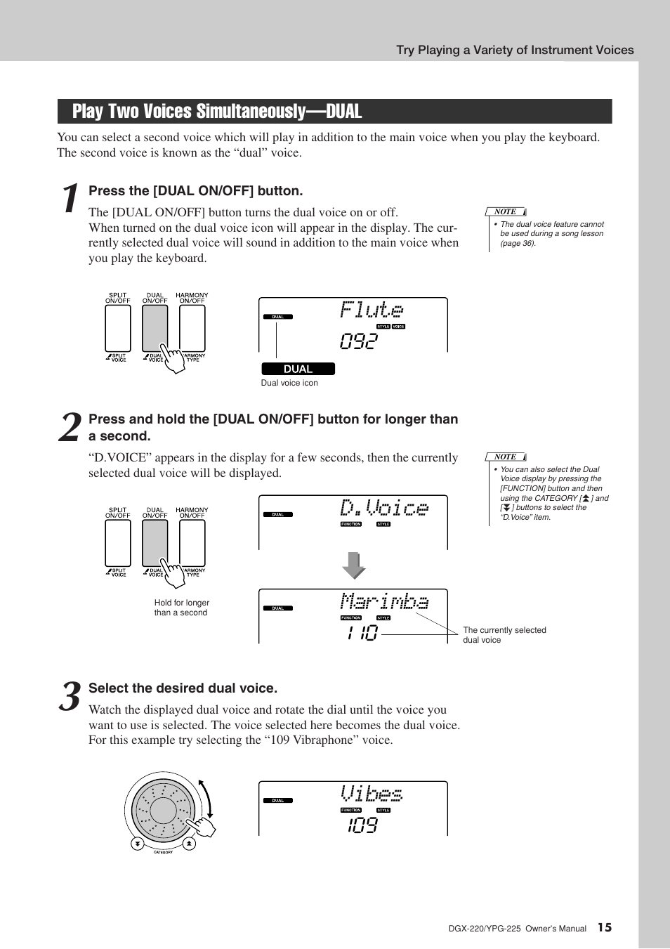 Play two voices simultaneously-dual, Play two voices simultaneously—dual, Flute | D.voice, Marimba, Vibes | Yamaha YPG-225 User Manual | Page 15 / 118