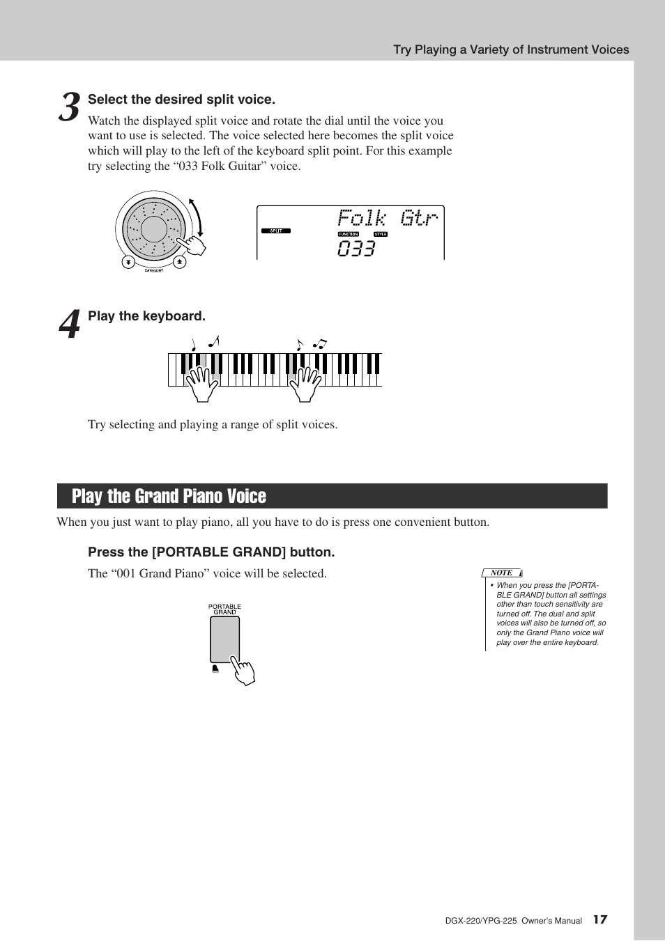 Play the grand piano voice, Folk gtr | Yamaha YPG-225 User Manual | Page 17 / 118