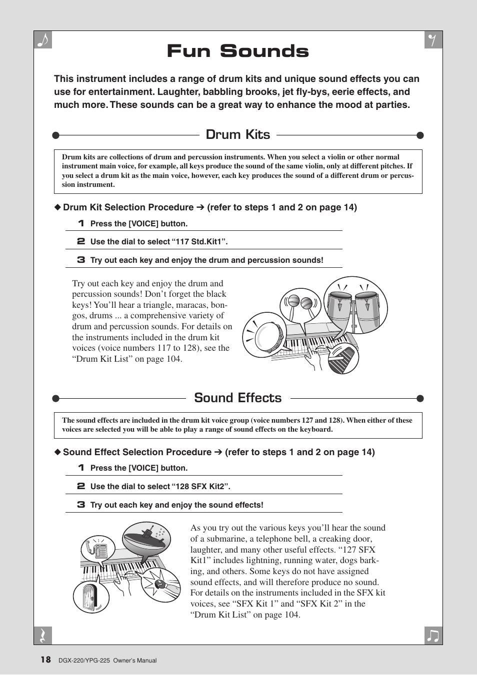 Fun sounds, Drum kits, Sound effects | Drum kits sound effects | Yamaha YPG-225 User Manual | Page 18 / 118