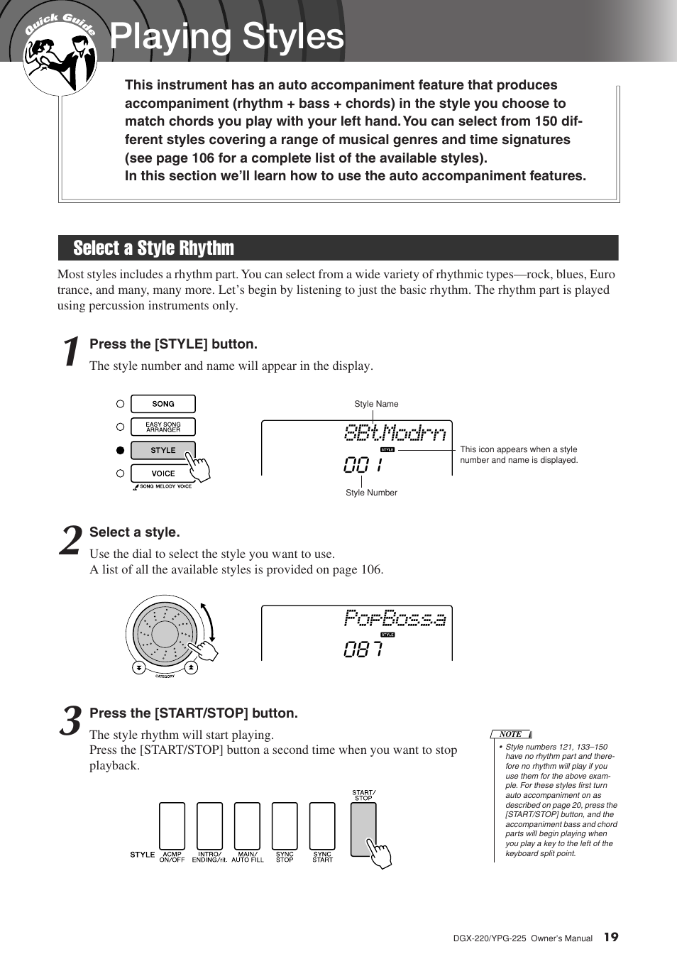 Playing styles, Select a style rhythm, 8btmodrn | Popbossa, Select a style rhythm 001 | Yamaha YPG-225 User Manual | Page 19 / 118