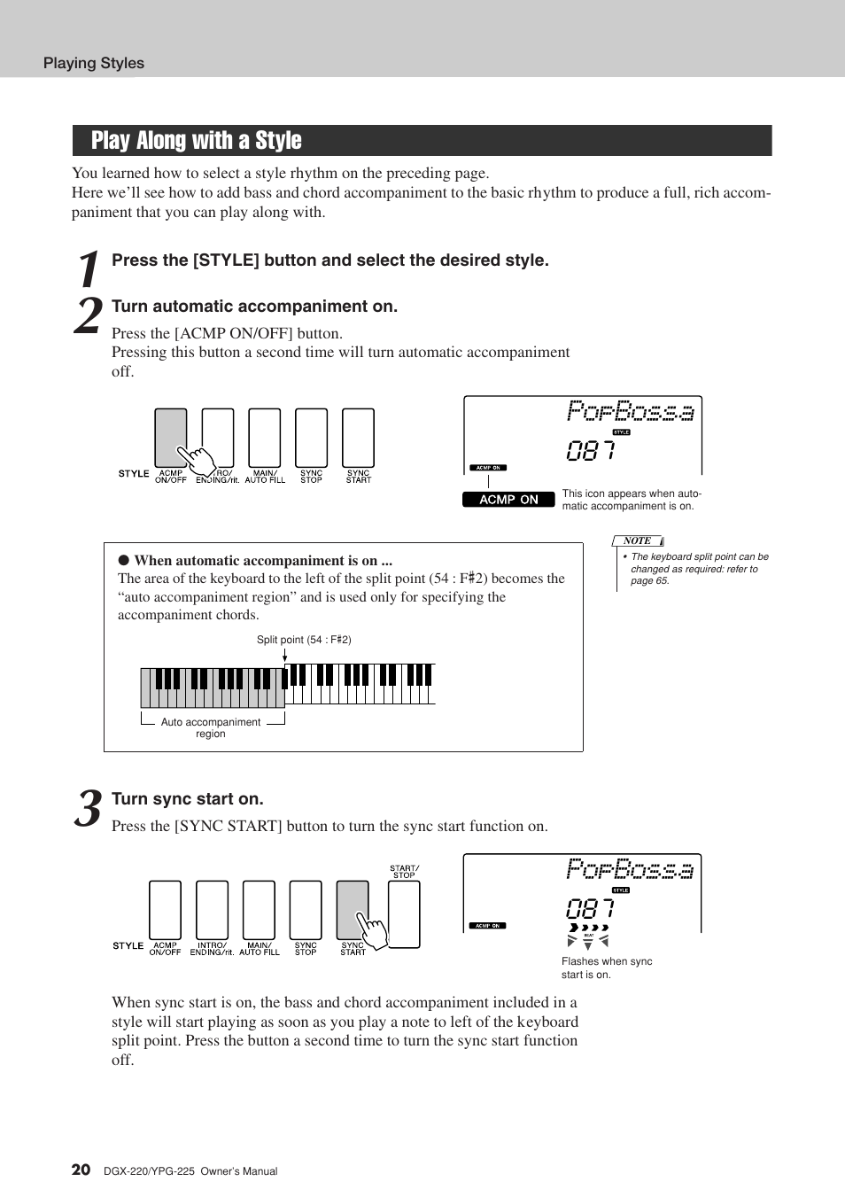 Play along with a style, Popbossa | Yamaha YPG-225 User Manual | Page 20 / 118