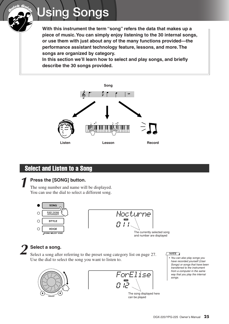 Using songs, Select and listen to a song, Nocturne | Forelise, Select and listen to a song 011 | Yamaha YPG-225 User Manual | Page 25 / 118