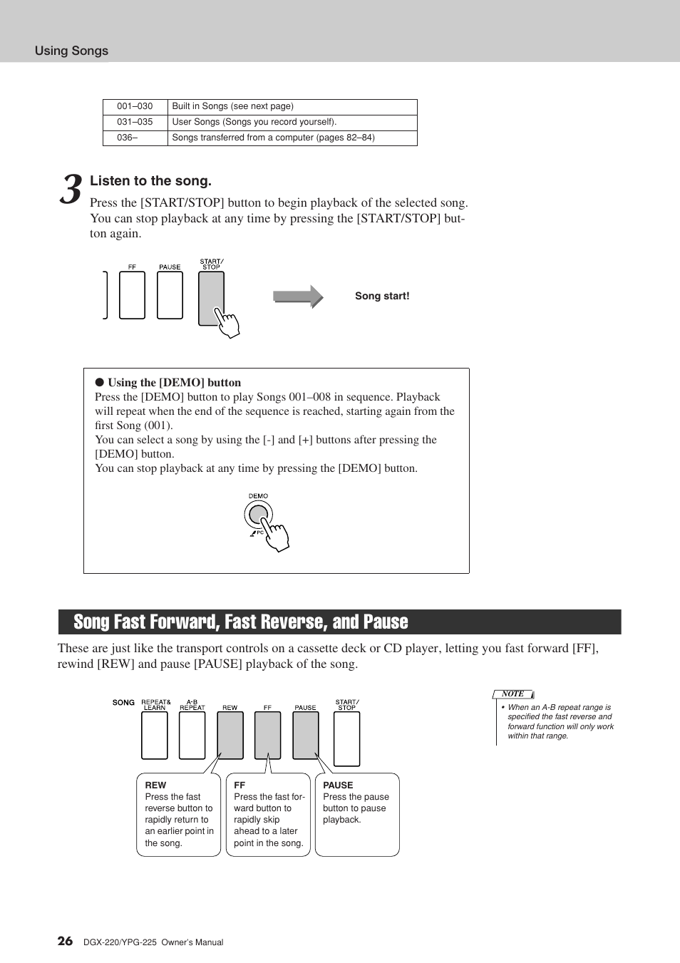 Song fast forward, fast reverse, and pause | Yamaha YPG-225 User Manual | Page 26 / 118