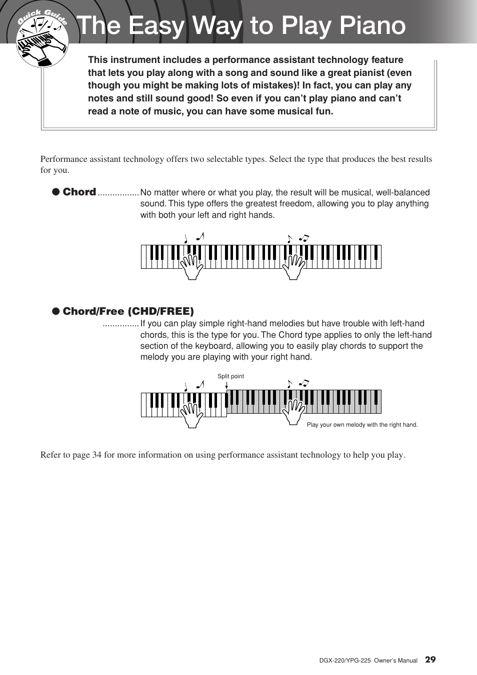 The easy way to play piano | Yamaha YPG-225 User Manual | Page 29 / 118