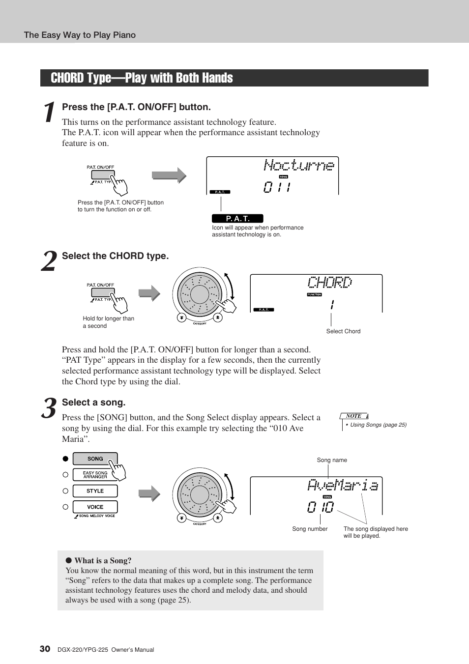 Chord type-play with both hands, Chord type—play with both hands, Nocturne | Chord, Avemaria | Yamaha YPG-225 User Manual | Page 30 / 118