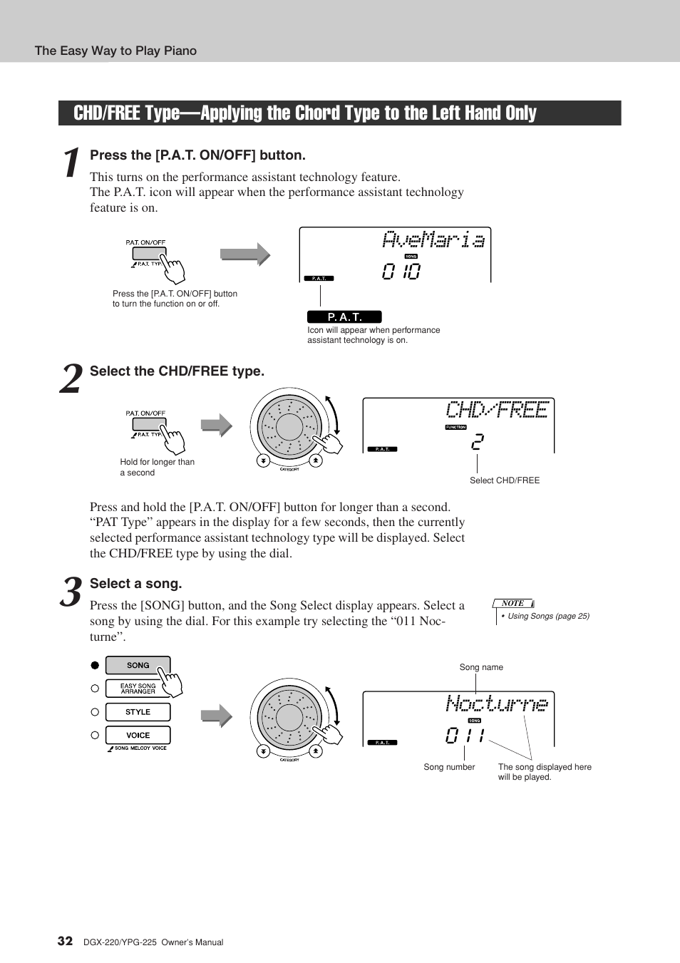 Chd/free type—applying the chord type, To the left hand only, Avemaria | Chd/free, Nocturne | Yamaha YPG-225 User Manual | Page 32 / 118