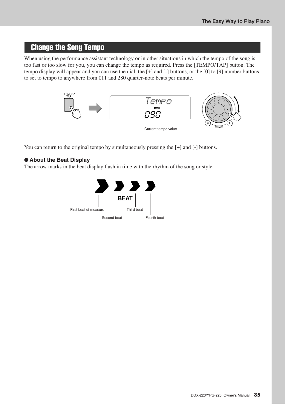 Change the song tempo, Tempo | Yamaha YPG-225 User Manual | Page 35 / 118