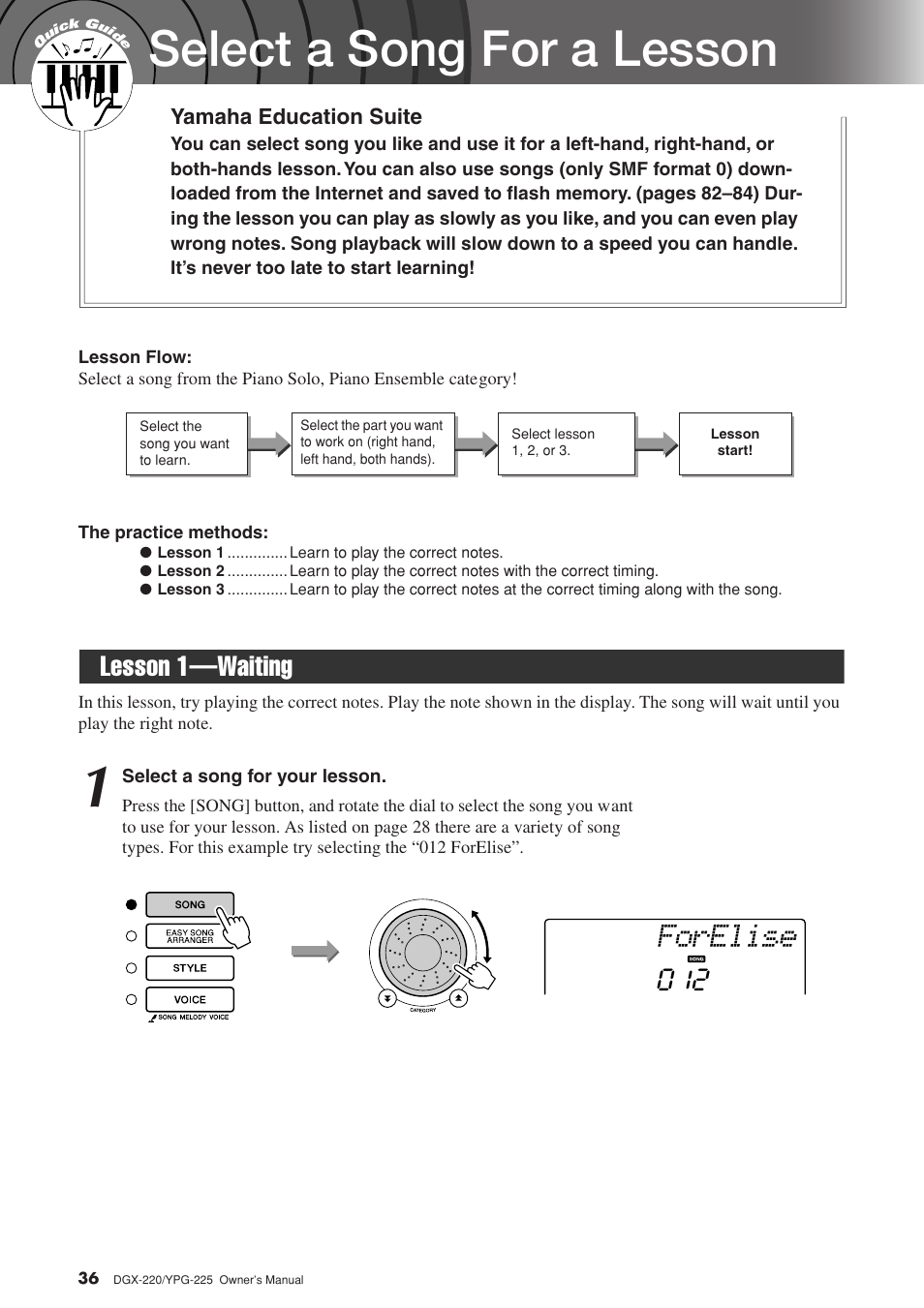 Select a song for a lesson, Lesson 1-waiting, Lesson 1—waiting | Forelise, Lesson 1—waiting 012 | Yamaha YPG-225 User Manual | Page 36 / 118