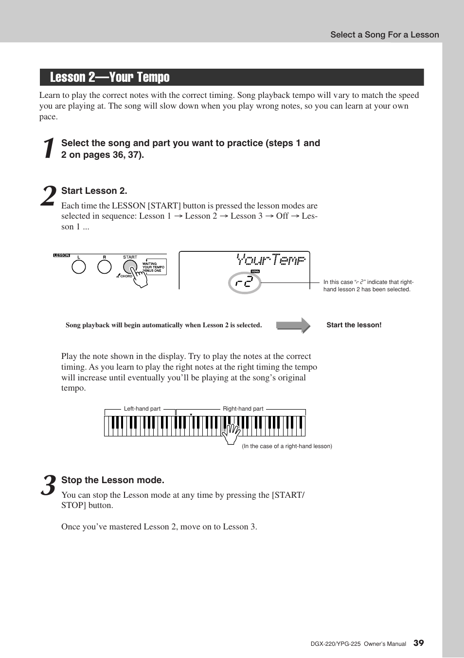 Lesson 2-your tempo, Lesson 2—your tempo, Yourtemp | Lesson 2—your tempo r2 | Yamaha YPG-225 User Manual | Page 39 / 118
