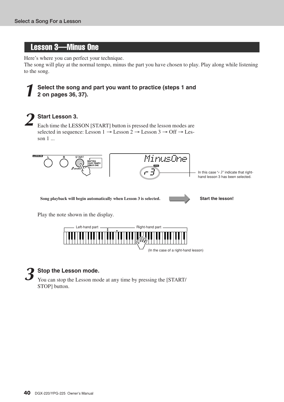 Lesson 3-minus one, Lesson 3—minus one, Minusone | Lesson 3—minus one r3 | Yamaha YPG-225 User Manual | Page 40 / 118