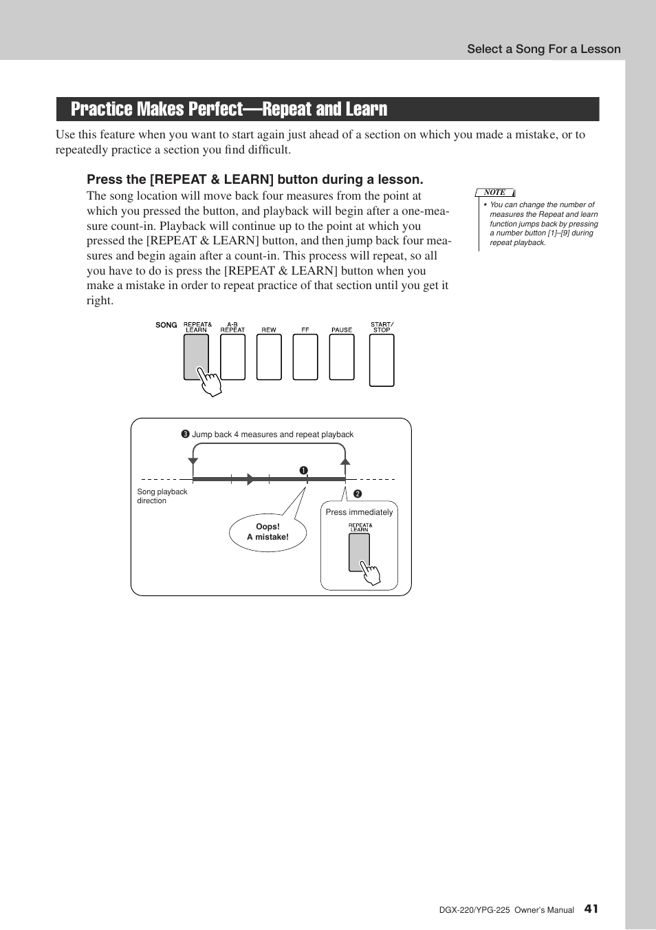 Practice makes perfect-repeat and learn, Practice makes perfect—repeat and learn, Press the [repeat & learn] button during a lesson | Yamaha YPG-225 User Manual | Page 41 / 118