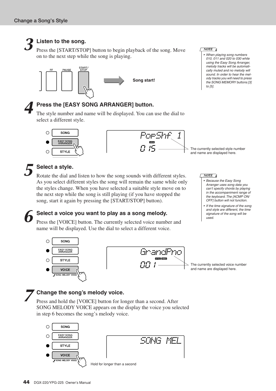 Popshf 1, Grandpno, Song mel | Yamaha YPG-225 User Manual | Page 44 / 118